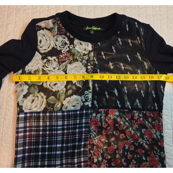 Sam Edelman XS Black Floral Patchwork Plaid Sweatshirt Women’s Sweater Top Cozy - Picture 3 of 8